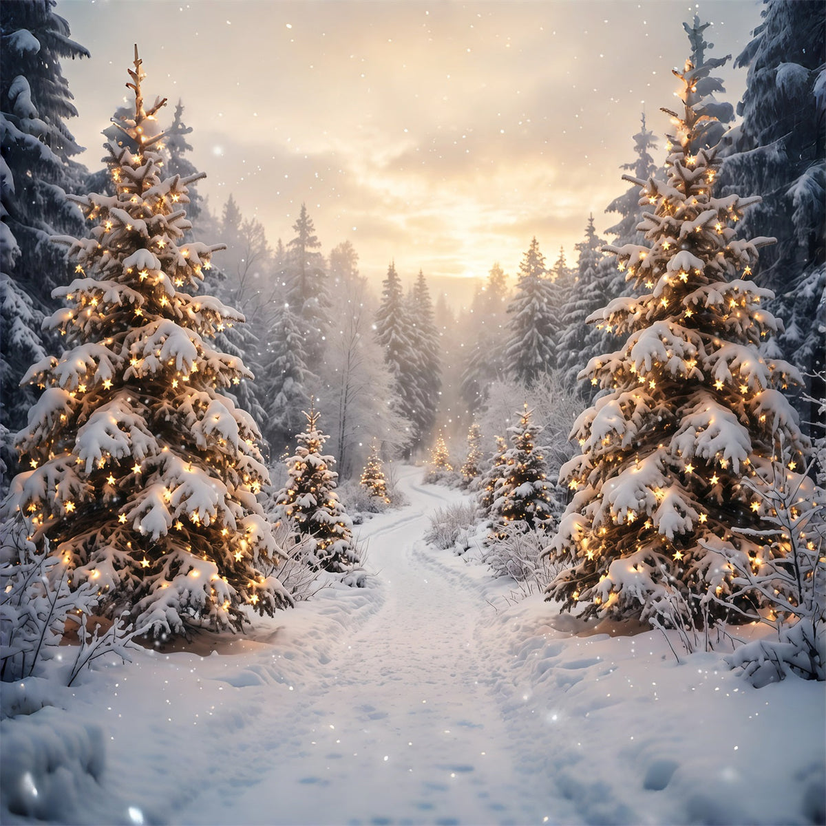 Weihnachtswald-Hintergrund Goldenes Licht Verschneite Bäume RR610-117