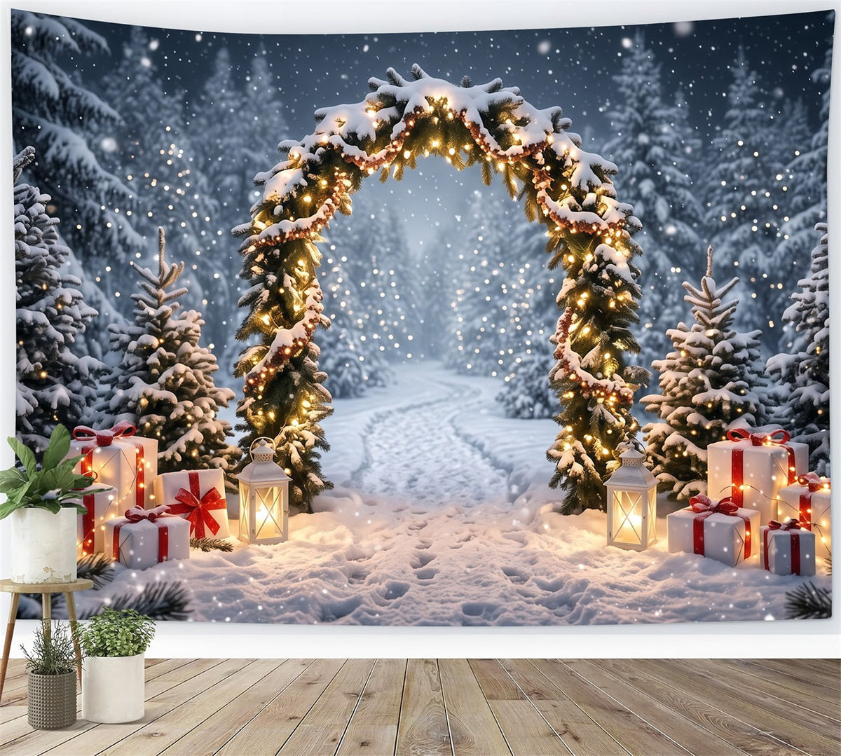 Weihnachtlicher Fotohintergrund Verschneiter Immergrüner Laternenbogen Winterwunderland RR610-119