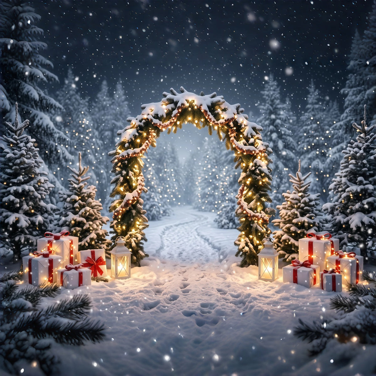 Weihnachtlicher Fotohintergrund Verschneiter Immergrüner Laternenbogen Winterwunderland RR610-119