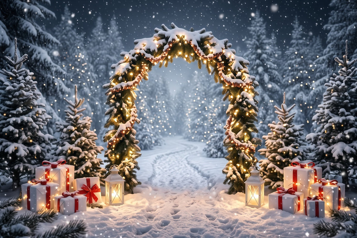 Weihnachtlicher Fotohintergrund Verschneiter Immergrüner Laternenbogen Winterwunderland RR610-119