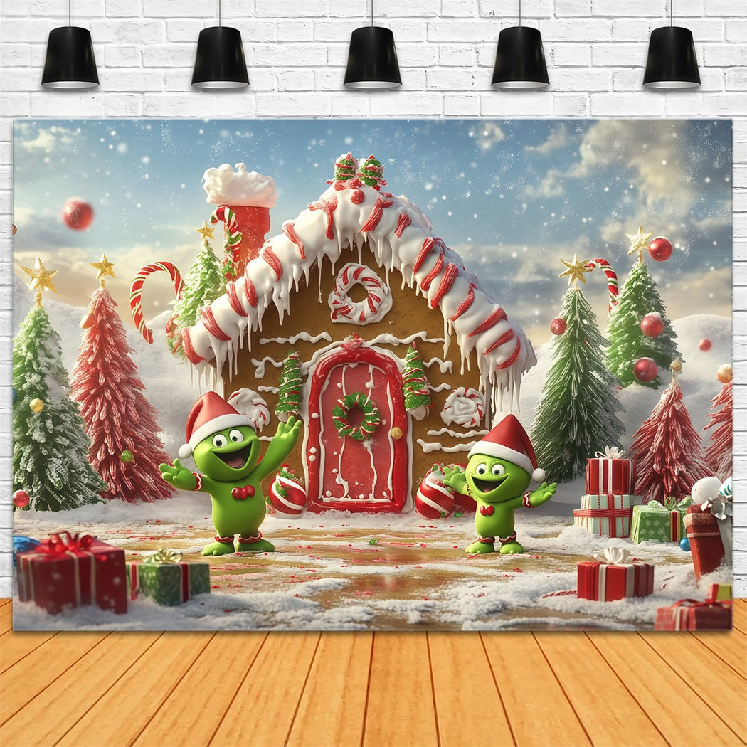 Grinch-Hintergrund Lebkuchenhäuschen Süßigkeitenfiguren RR610-120
