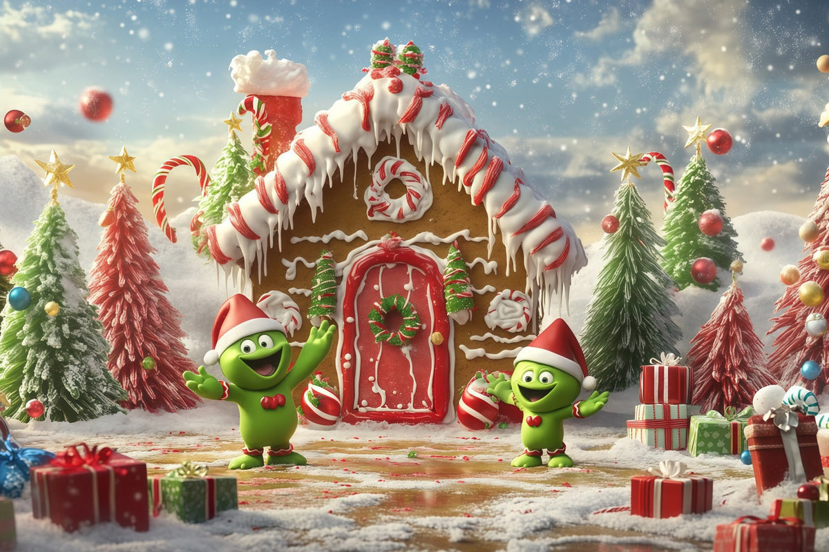Grinch-Hintergrund Lebkuchenhäuschen Süßigkeitenfiguren RR610-120