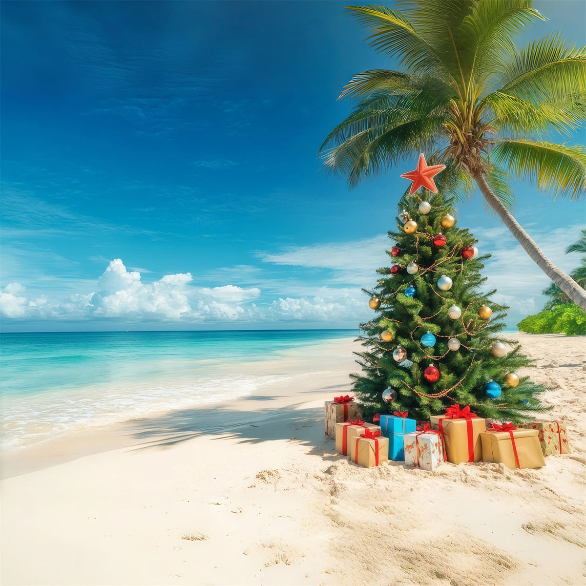 Weihnachtsbaum-Hintergrund Tropischer Strand Geschmückter Baum RR610-130
