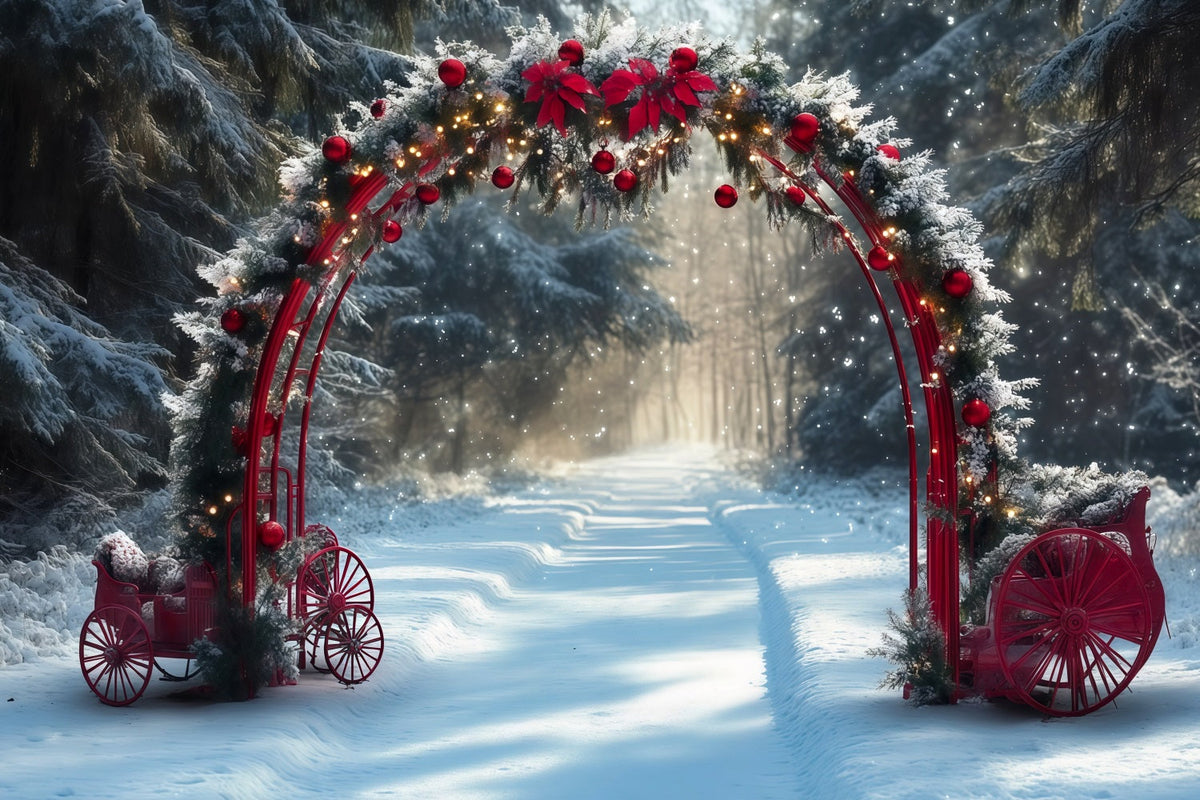 Verschneiter Weihnachtshintergrund Roter Torbogen Verschneite Kutschen RR610-138