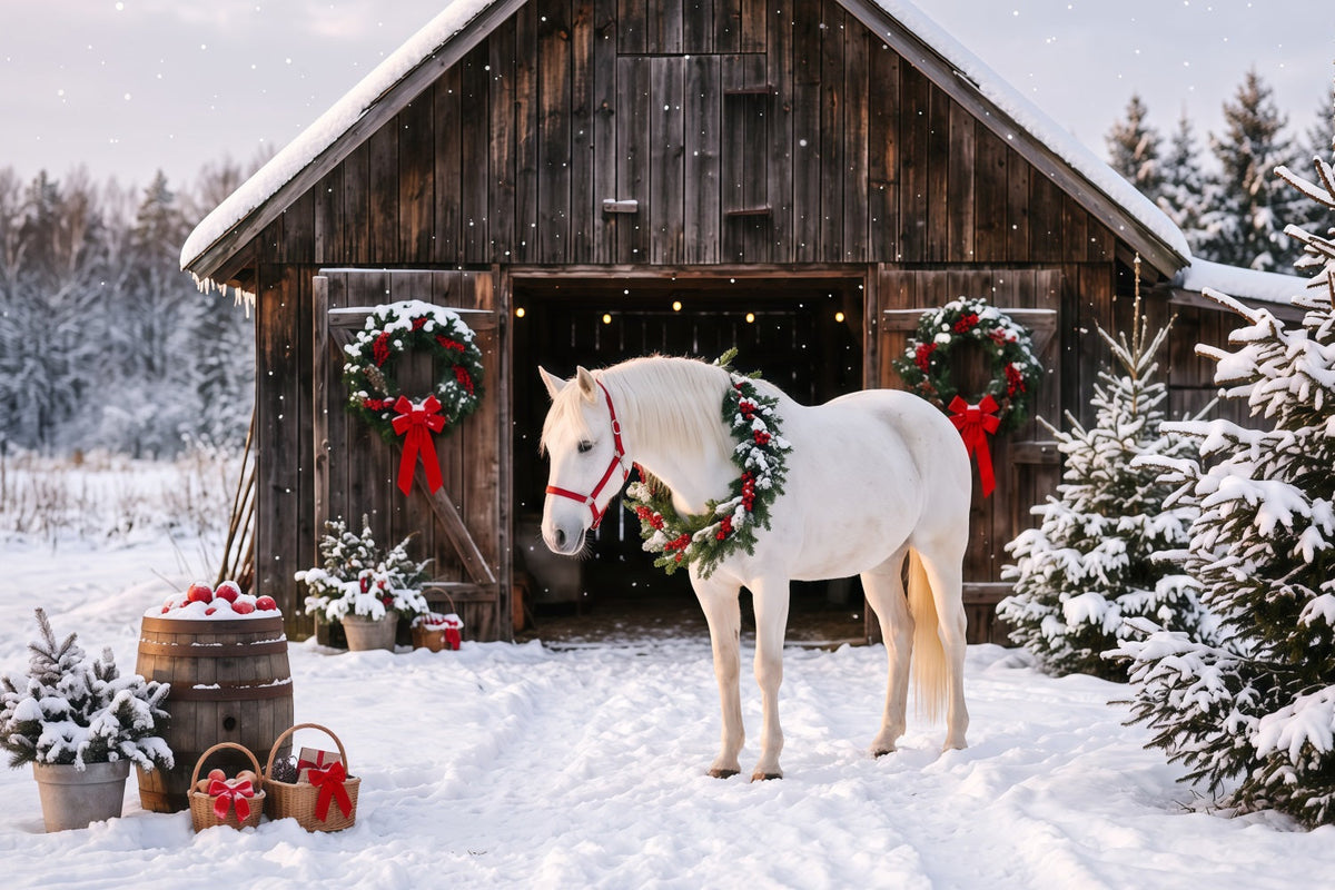 Western Weihnachtshintergrund Weißes Pferd Festliche Scheune RR610-143