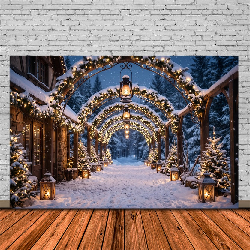 Weihnachtlicher Torbogen Hintergrund Leuchtender Laternenbogen Verschneit RR610-145