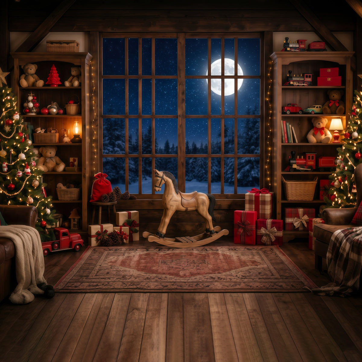 Weihnachtlicher Werkstatthintergrund Mondbeschienene Spielzimmer Fensterauslage RR610-148