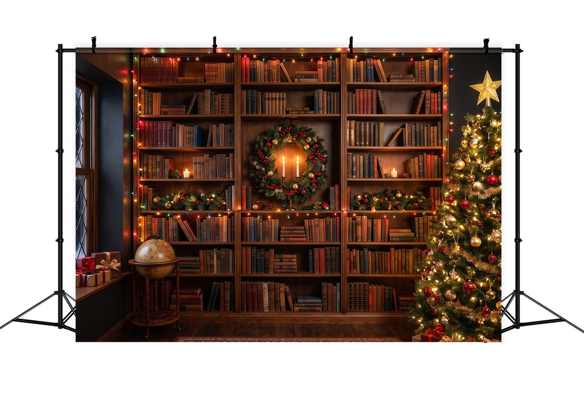 Viktorianischer Weihnachtshintergrund Festliche Bibliothek Leuchtende Bücherregale RR610-149