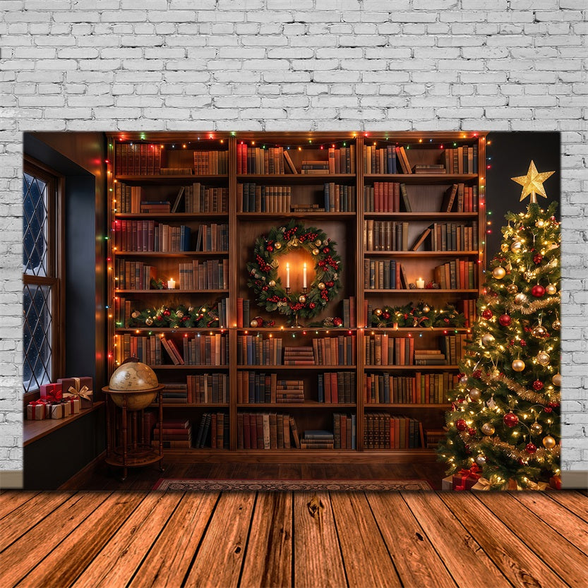 Viktorianischer Weihnachtshintergrund Festliche Bibliothek Leuchtende Bücherregale RR610-149