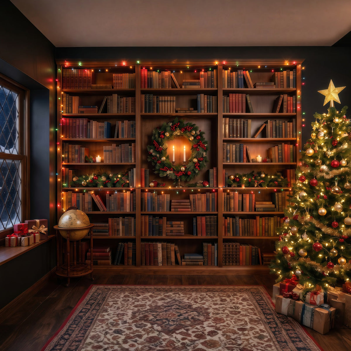 Viktorianischer Weihnachtshintergrund Festliche Bibliothek Leuchtende Bücherregale RR610-149