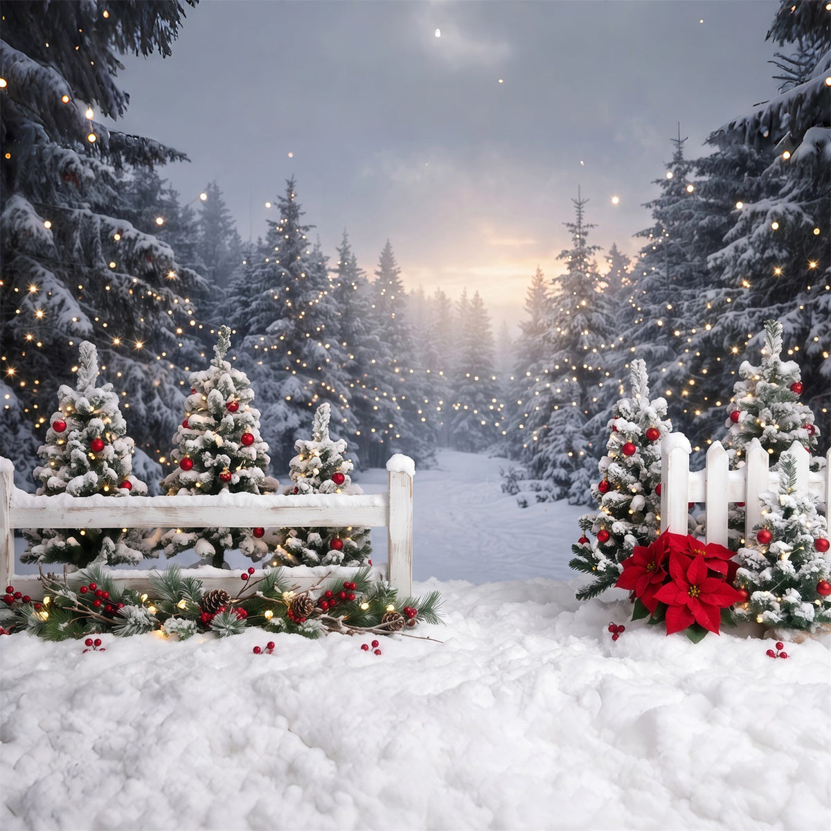 Weihnachtswald Hintergrund Verschneiter Zaun Weihnachtsstern Weg RR610-150