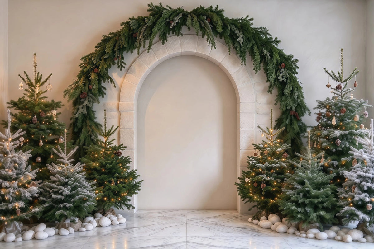 Weihnachtsbaum Fotohintergrund Immergrüner Girlanden Steinbogen RR610-151