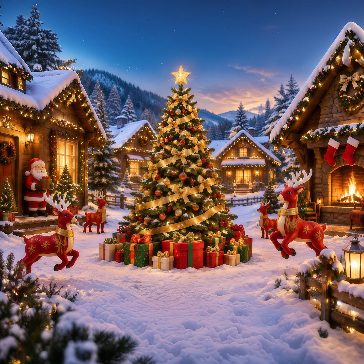 Retro Weihnachtshintergrund Goldene Schleife Verschneites Rentierdorf RR610-156