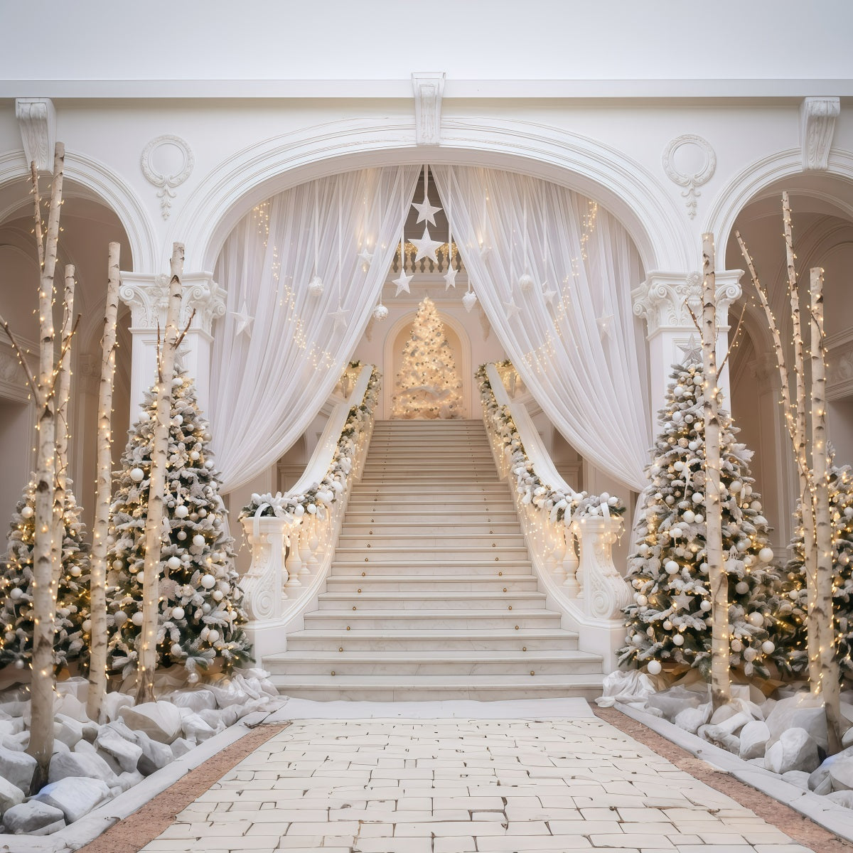 Weißer Weihnachtshintergrund Elegante Weiße Treppe RR610-16