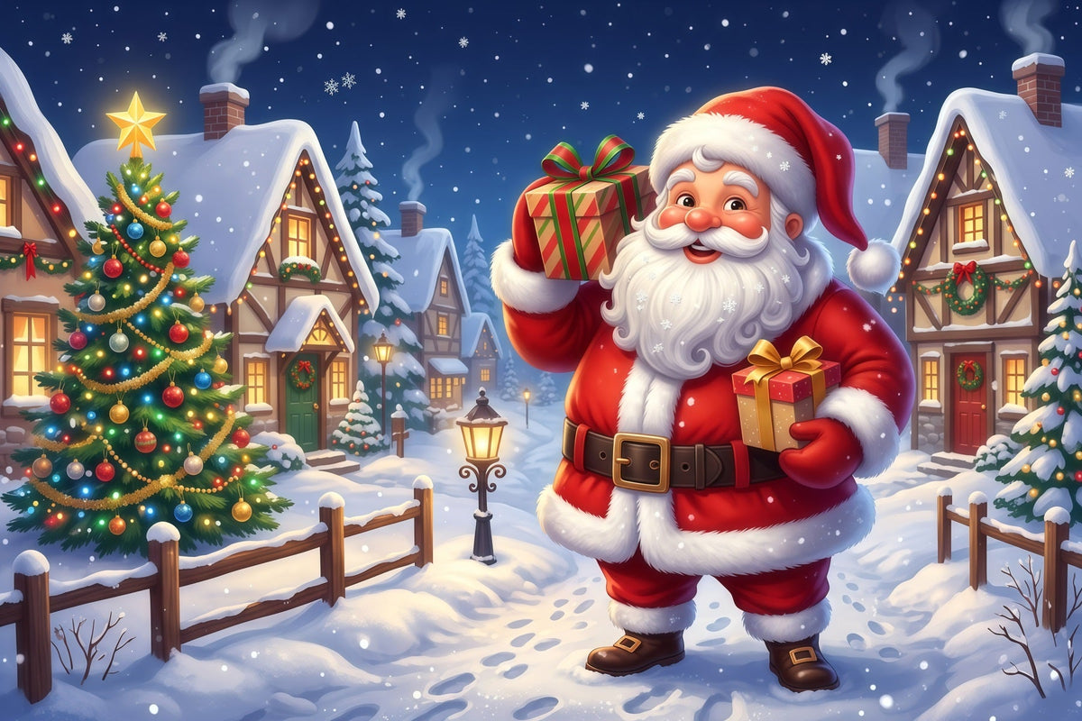 Professioneller Weihnachtshintergrund Santa Geschenk Dorf Spaziergang RR610-17