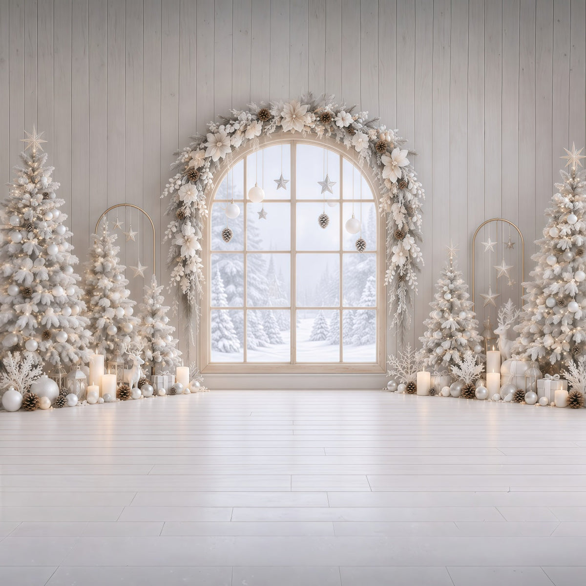 Weihnachtsfenster Hintergrund Weißer Frostiger Blumenbogen RR610-171