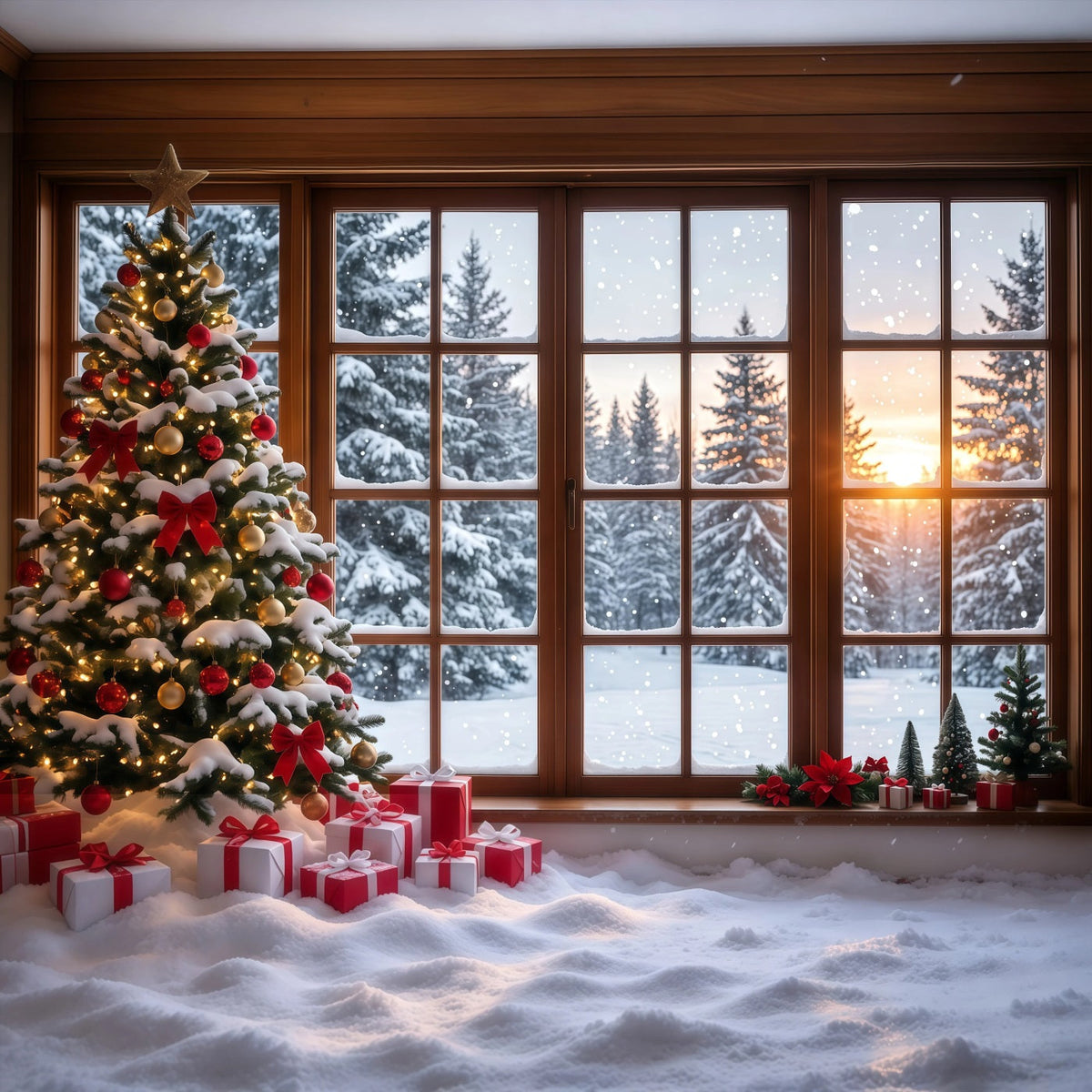 Weihnachtswald Hintergrund Verschneites Fenster Weihnachtsbaum Dekoration RR610-174