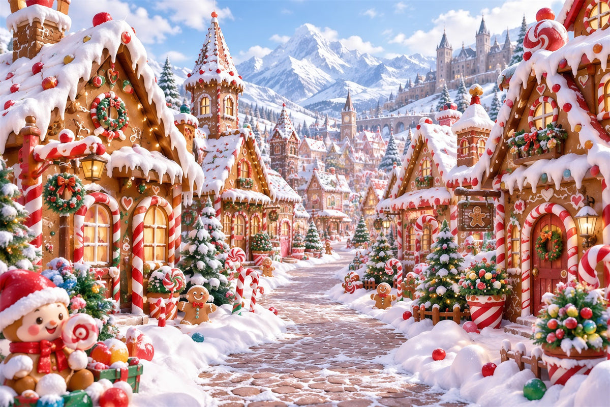 Weihnachtlicher Lebkuchen Hintergrund Verschneites Süßigkeiten Bergdorf RR610-176