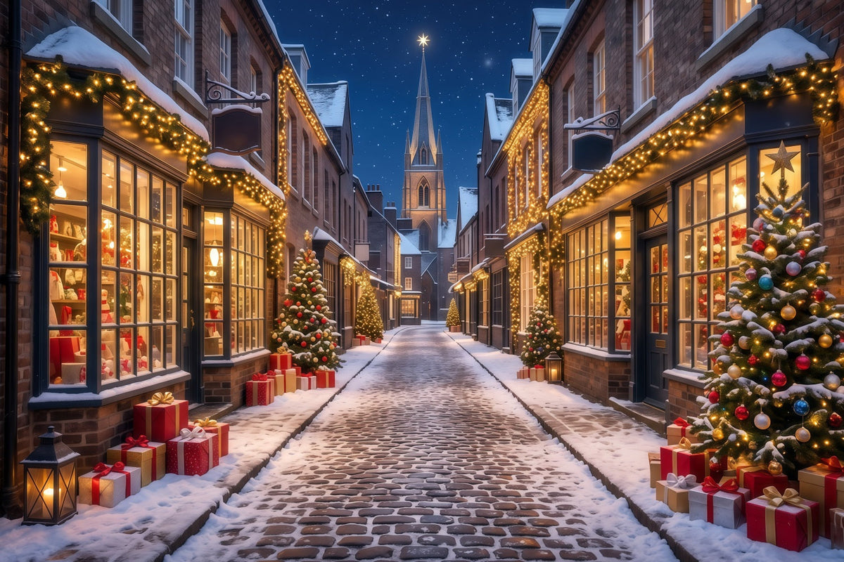 Weihnachtsdorf Hintergrund Verschneite Beleuchtete Einkaufsstraße RR610-180