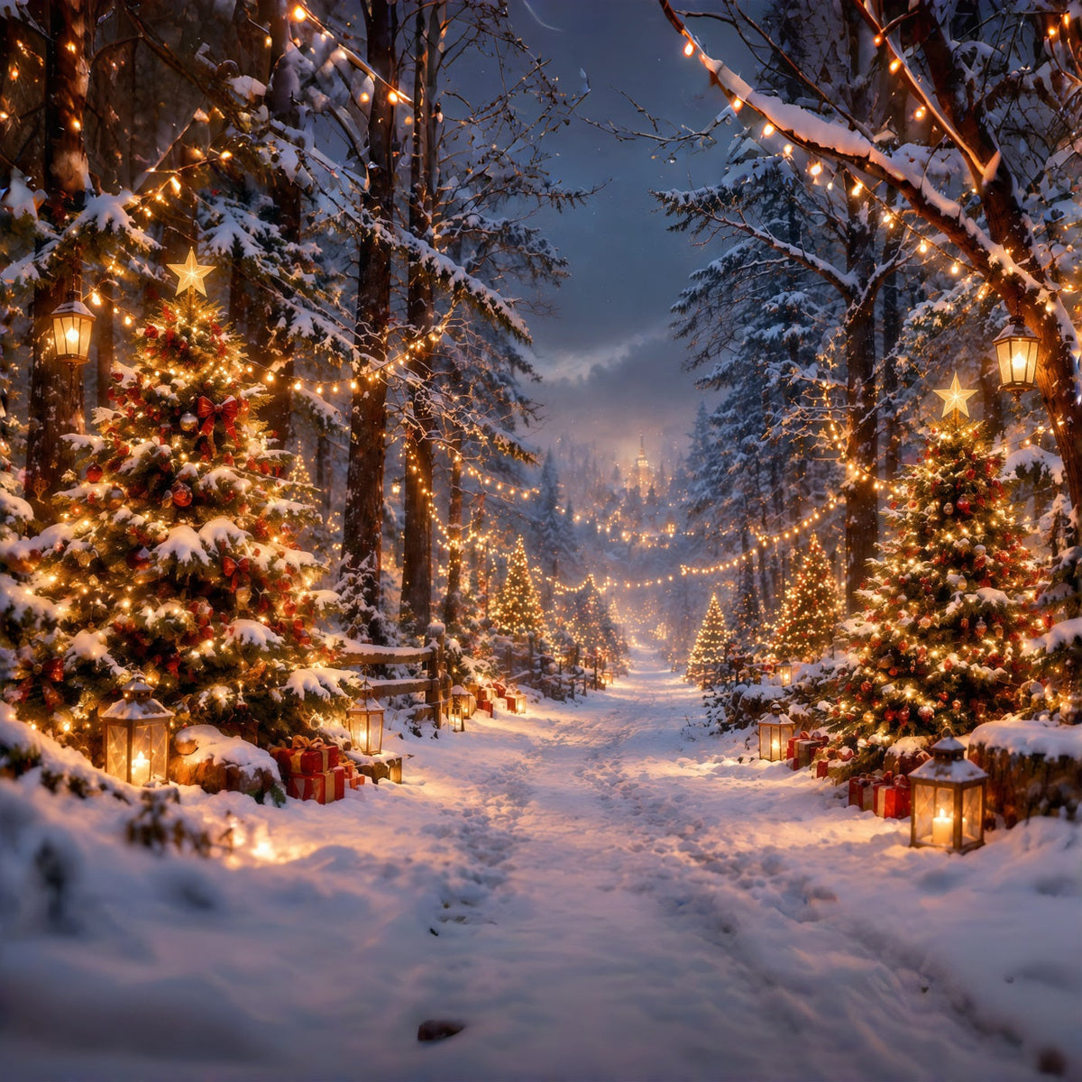 Weihnachtsbaumfarm Fotohintergrund Verschneiter Leuchtender Waldweg RR610-181