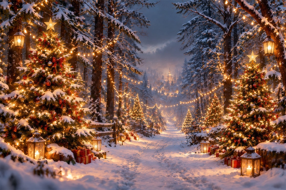 Weihnachtsbaumfarm Fotohintergrund Verschneiter Leuchtender Waldweg RR610-181