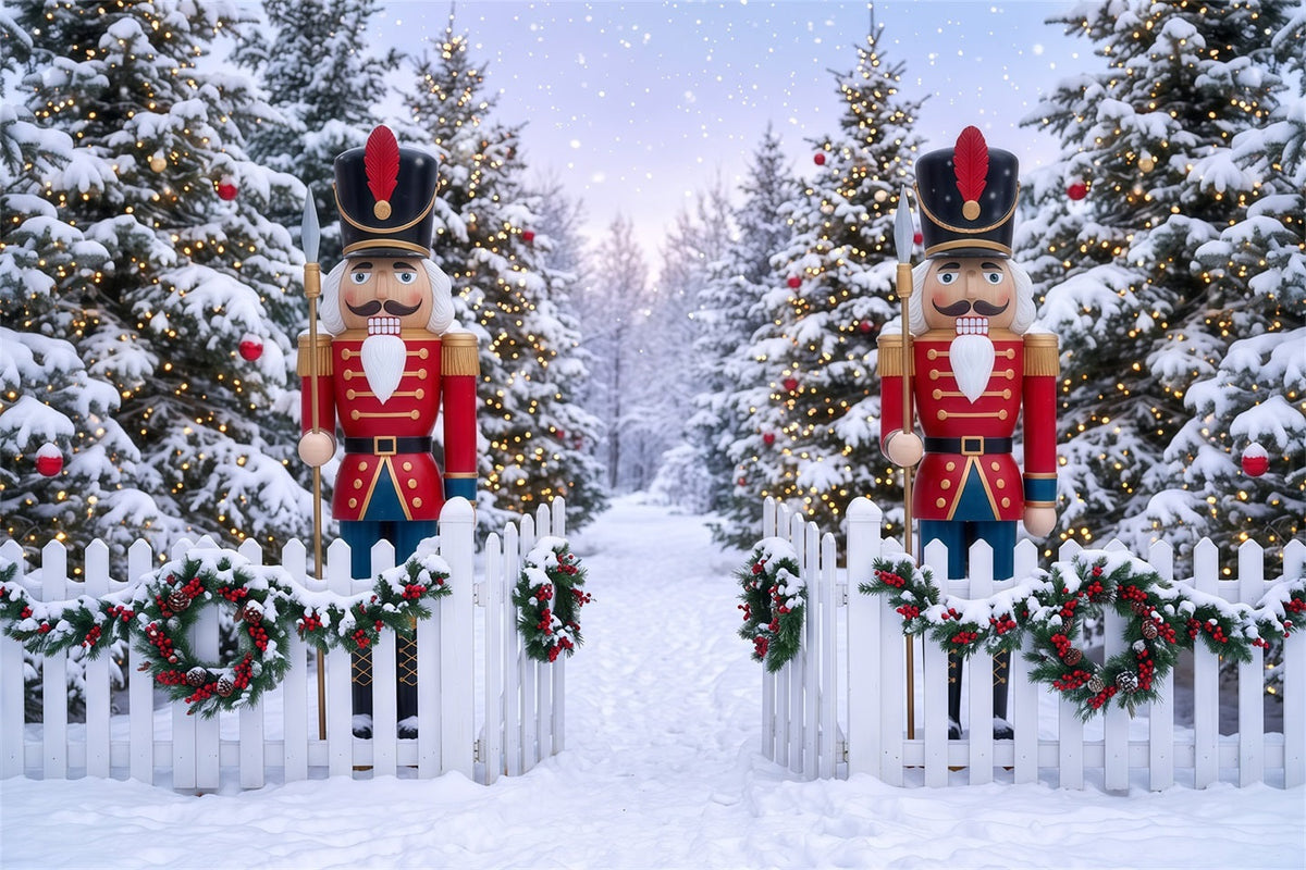 Weihnachtlicher Designhintergrund Verschneites Waldtor Nussknacker RR610-2
