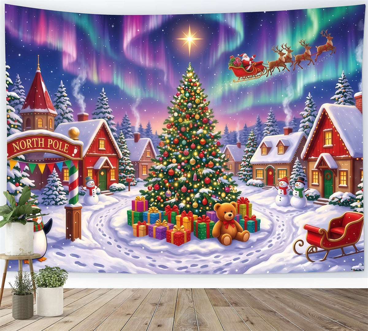 Santa Fotohintergrund Verschneites Polarlicht Nordpol Dorf RR610-22