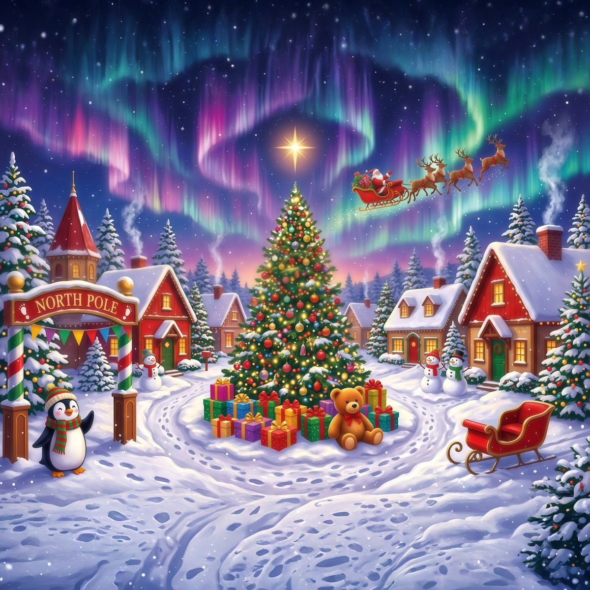 Santa Fotohintergrund Verschneites Polarlicht Nordpol Dorf RR610-22