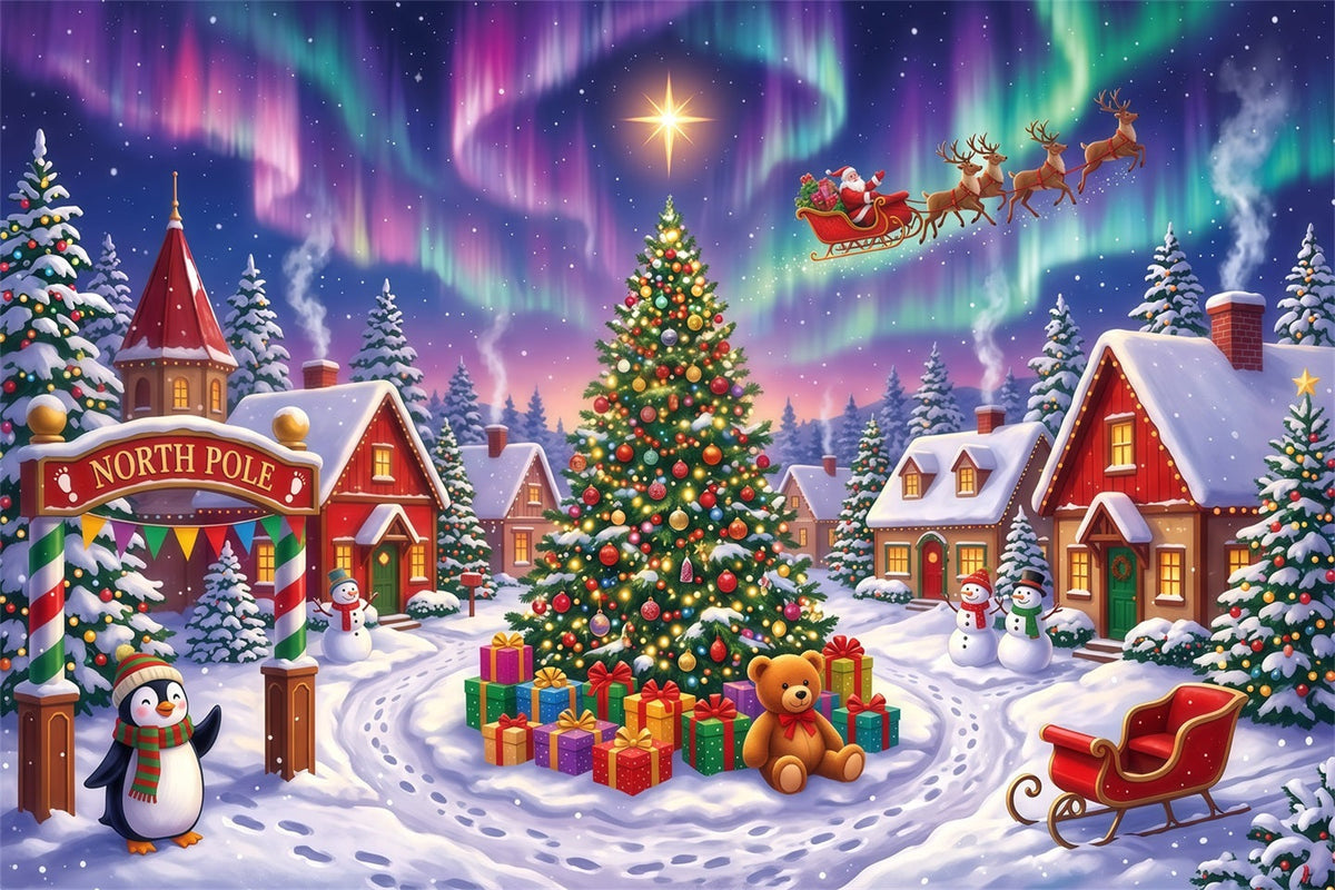 Santa Fotohintergrund Verschneites Polarlicht Nordpol Dorf RR610-22