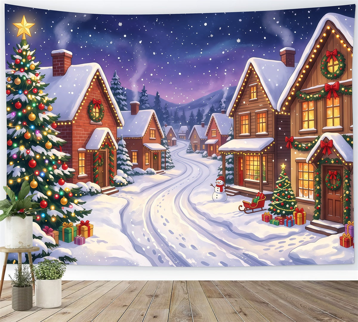 Weihnachtsdorf Hintergrund Verschneite Häuser Beleuchtete Straße RR610-24