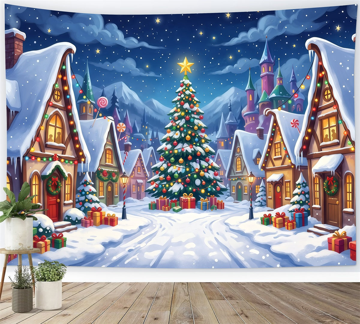Weihnachtsdorf Fotohintergrund Verschneiter Süßigkeitenplatz RR610-26