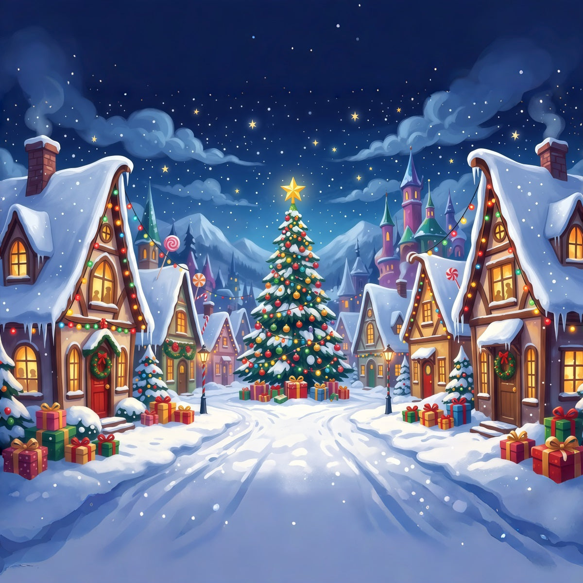 Weihnachtsdorf Fotohintergrund Verschneiter Süßigkeitenplatz RR610-26