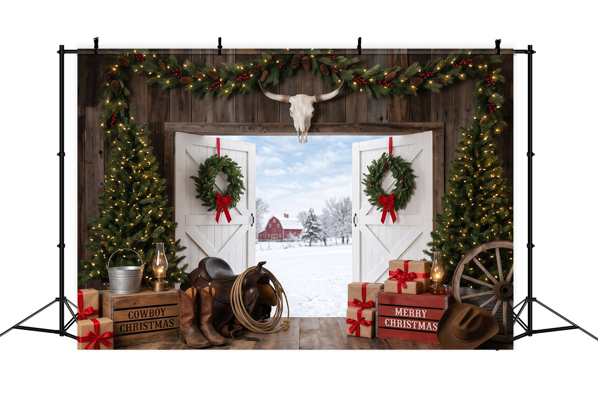Ländlicher Weihnachtshintergrund Rustikaler Scheuneneingang Cowboy RR610-28