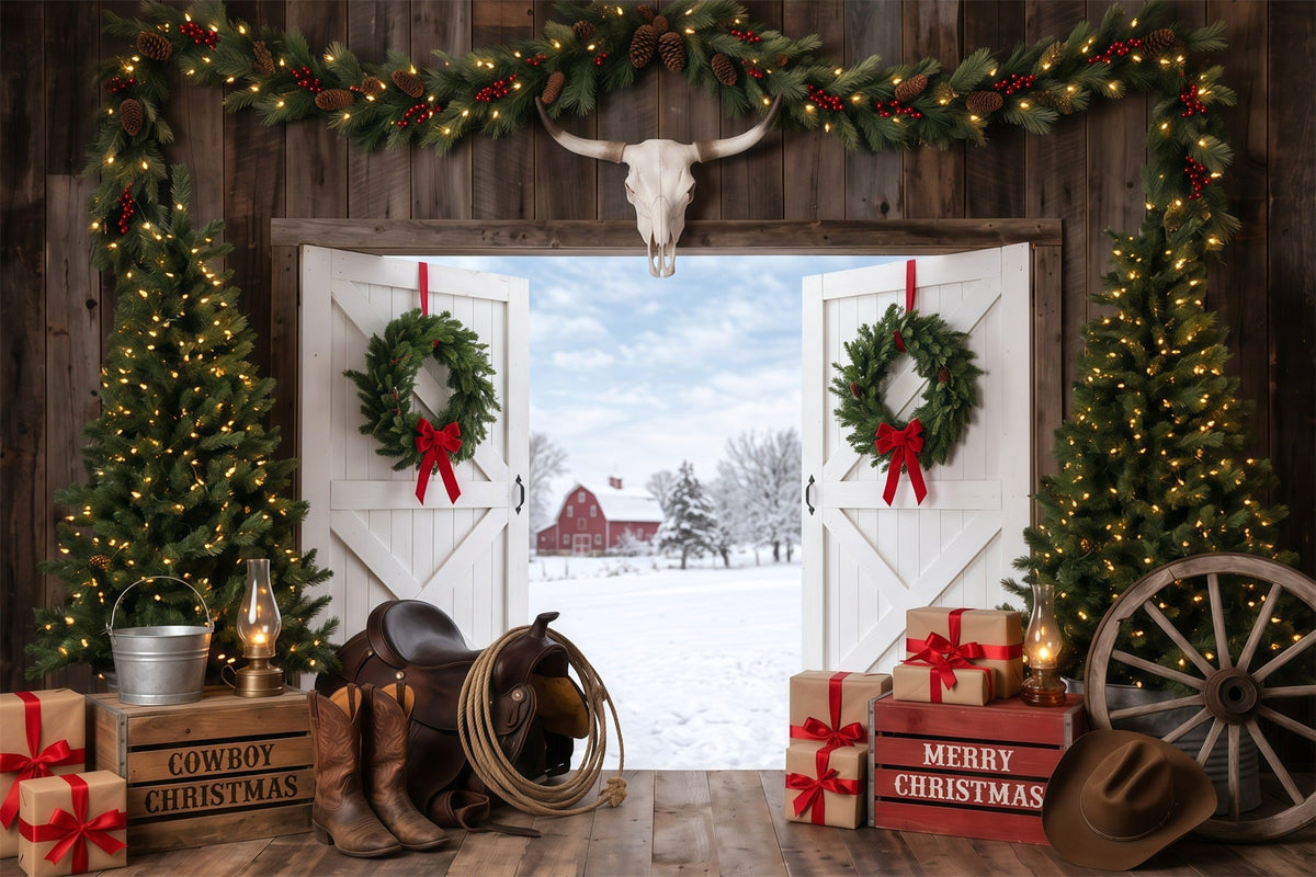 Ländlicher Weihnachtshintergrund Rustikaler Scheuneneingang Cowboy RR610-28