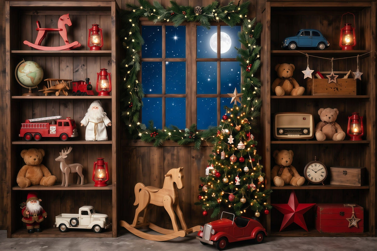 Weihnachtlicher Werkstatt Fotohintergrund Vintage Spielzeugwerkstatt Fenster Weihnachtslied RR610-29