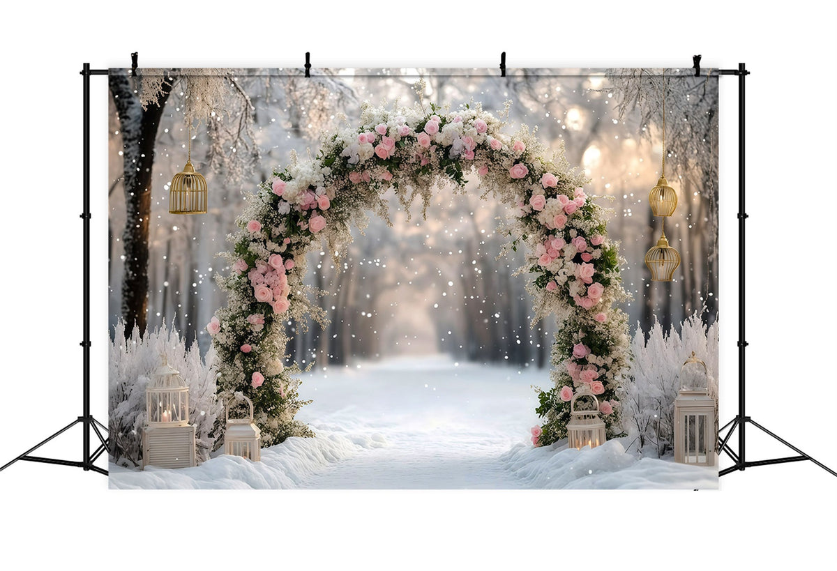 Weihnachtlicher Hintergrund Rosa Rosen Verschneiter Bogen RR610-30