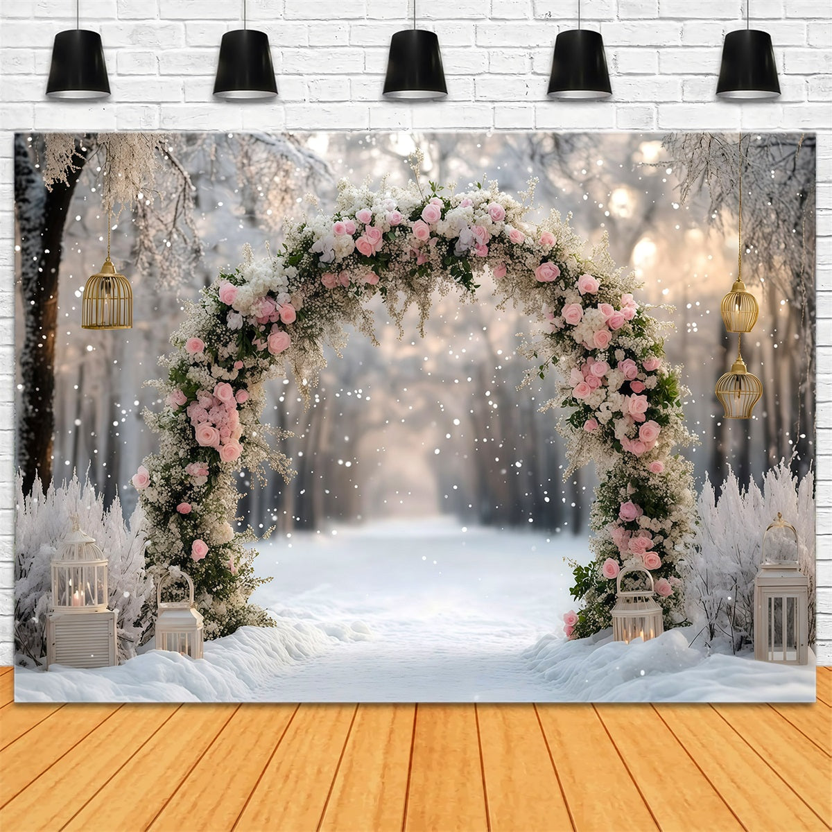 Weihnachtlicher Hintergrund Rosa Rosen Verschneiter Bogen RR610-30