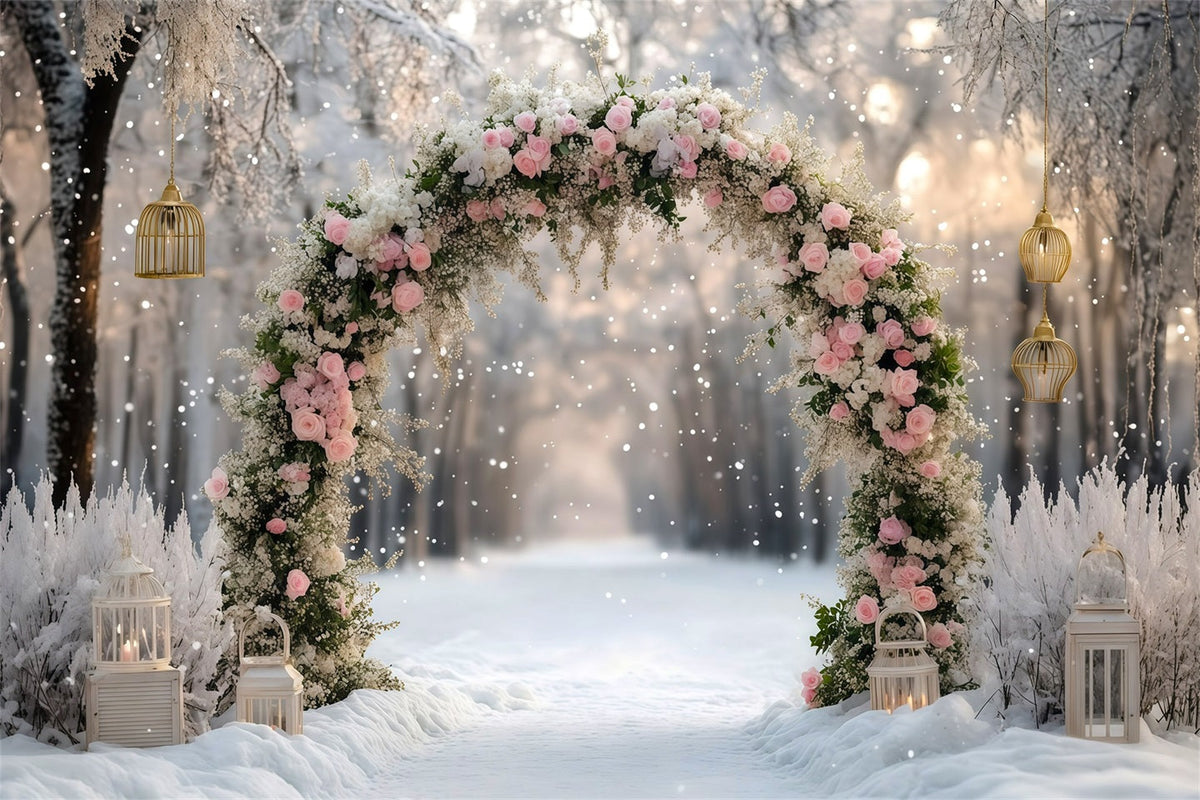 Weihnachtlicher Hintergrund Rosa Rosen Verschneiter Bogen RR610-30