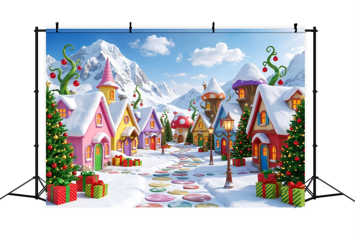 Weihnachtlicher Berghintergrund Verschneites Süßigkeitenhaus Dorf RR610-37
