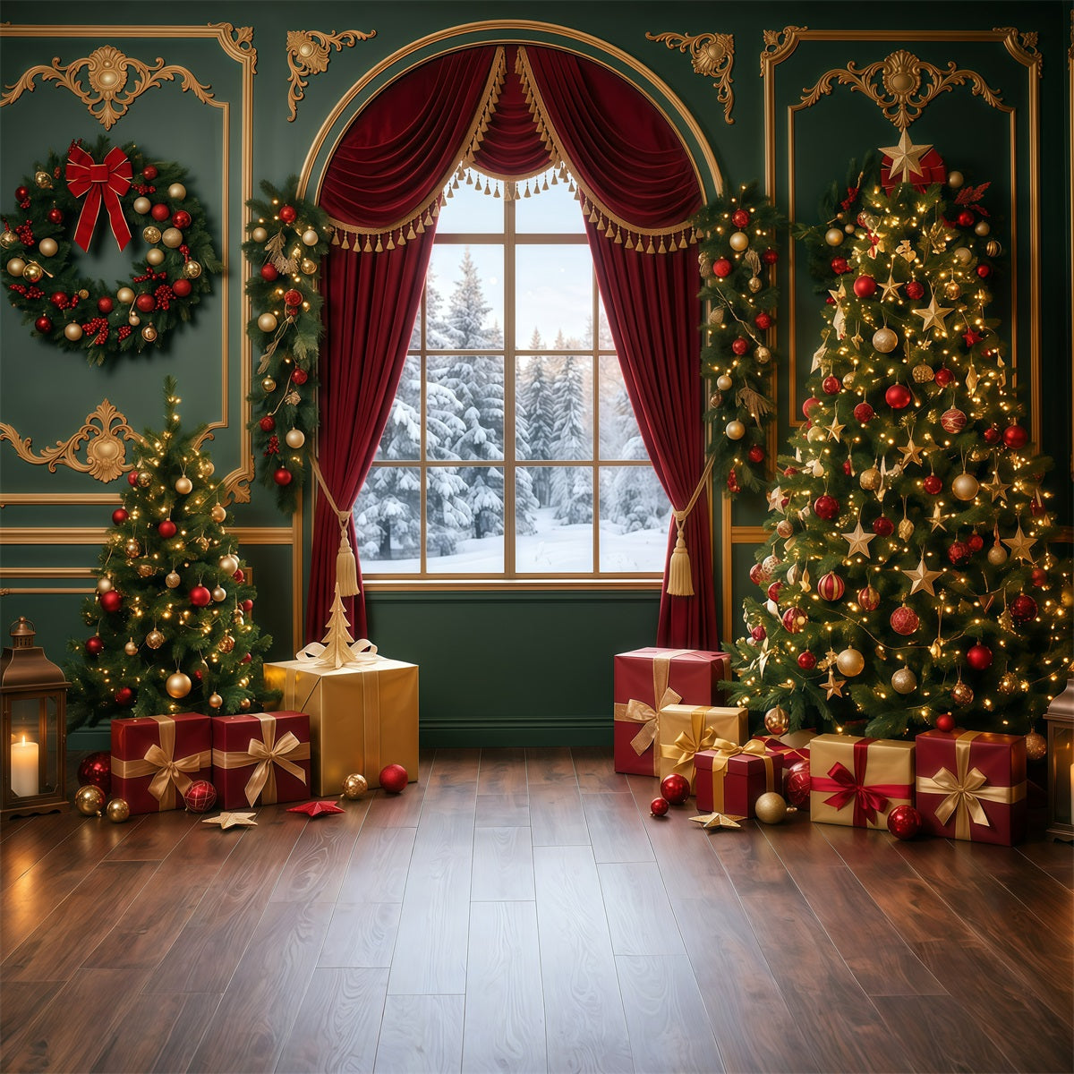 Weihnachtlicher Fotohintergrund Smaragdgrünes Samtfenster RR610-4