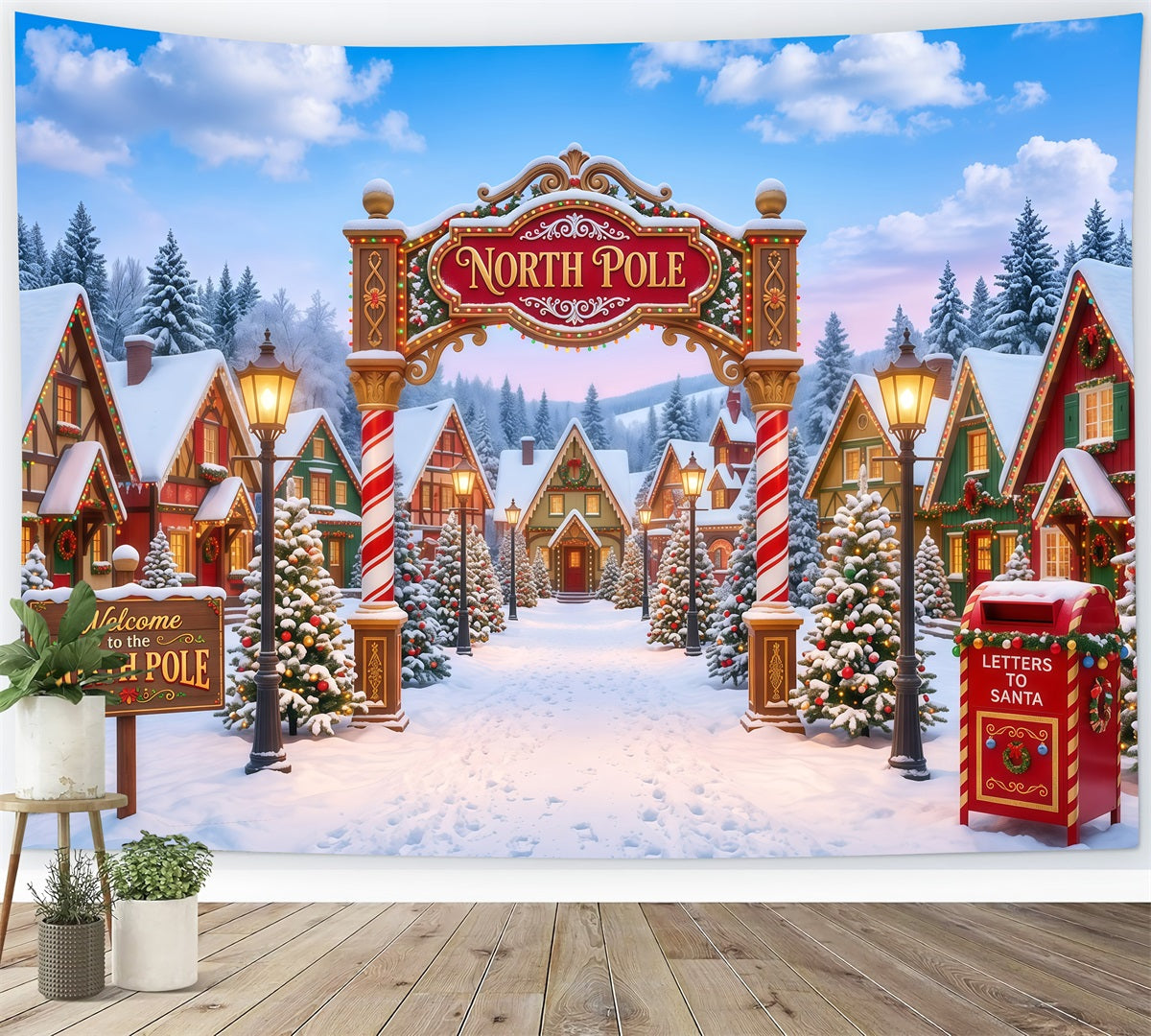 Großer Weihnachtsfotohintergrund Verspieltes Verschneites Nordpol-Dorf RR610-42