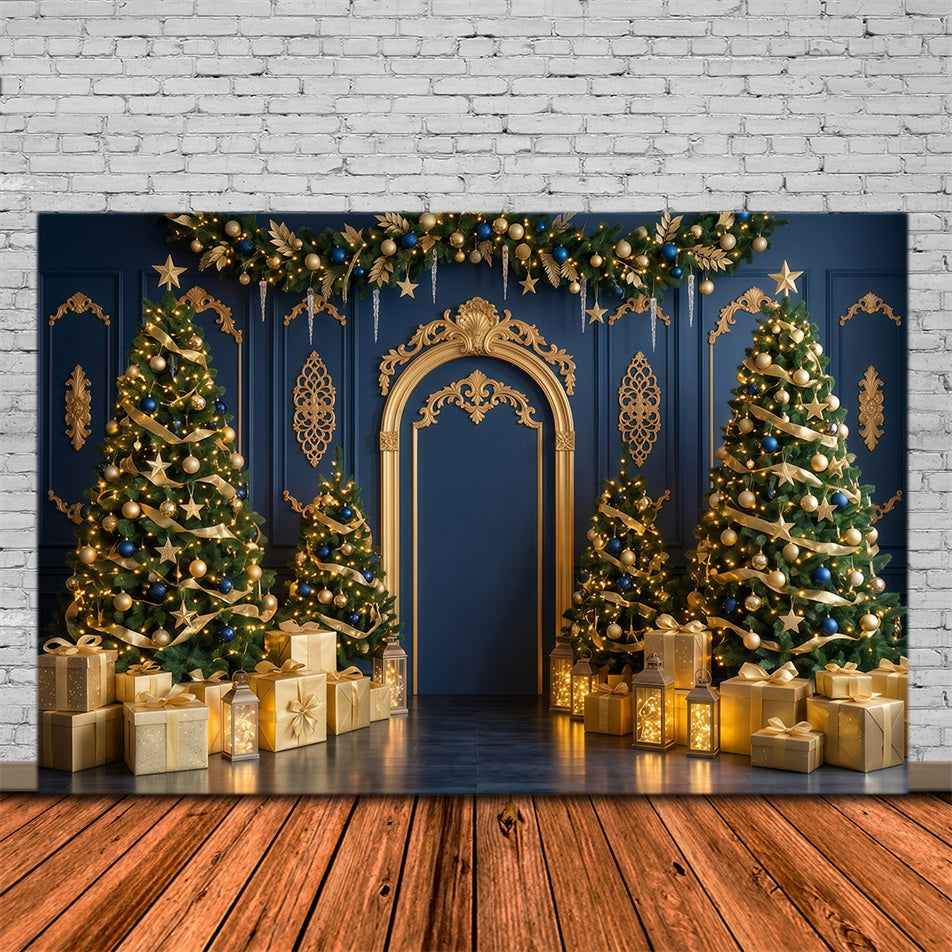 Hochwertiger Weihnachtshintergrund Marineblauer Goldener Torbogen RR610-43