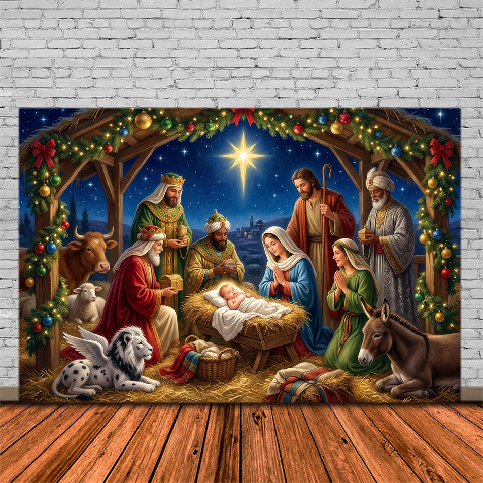 Krippenszene-Hintergrund Sternenbeleuchtete Kirche Krippe Versammlung RR610-45