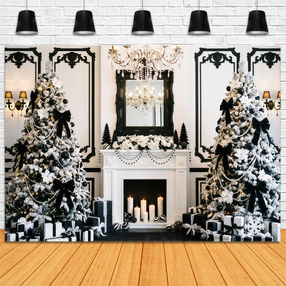 Schwarz-Weißer Weihnachtshintergrund Eleganter Kamin Lila Weihnachtsbaum RR610-49
