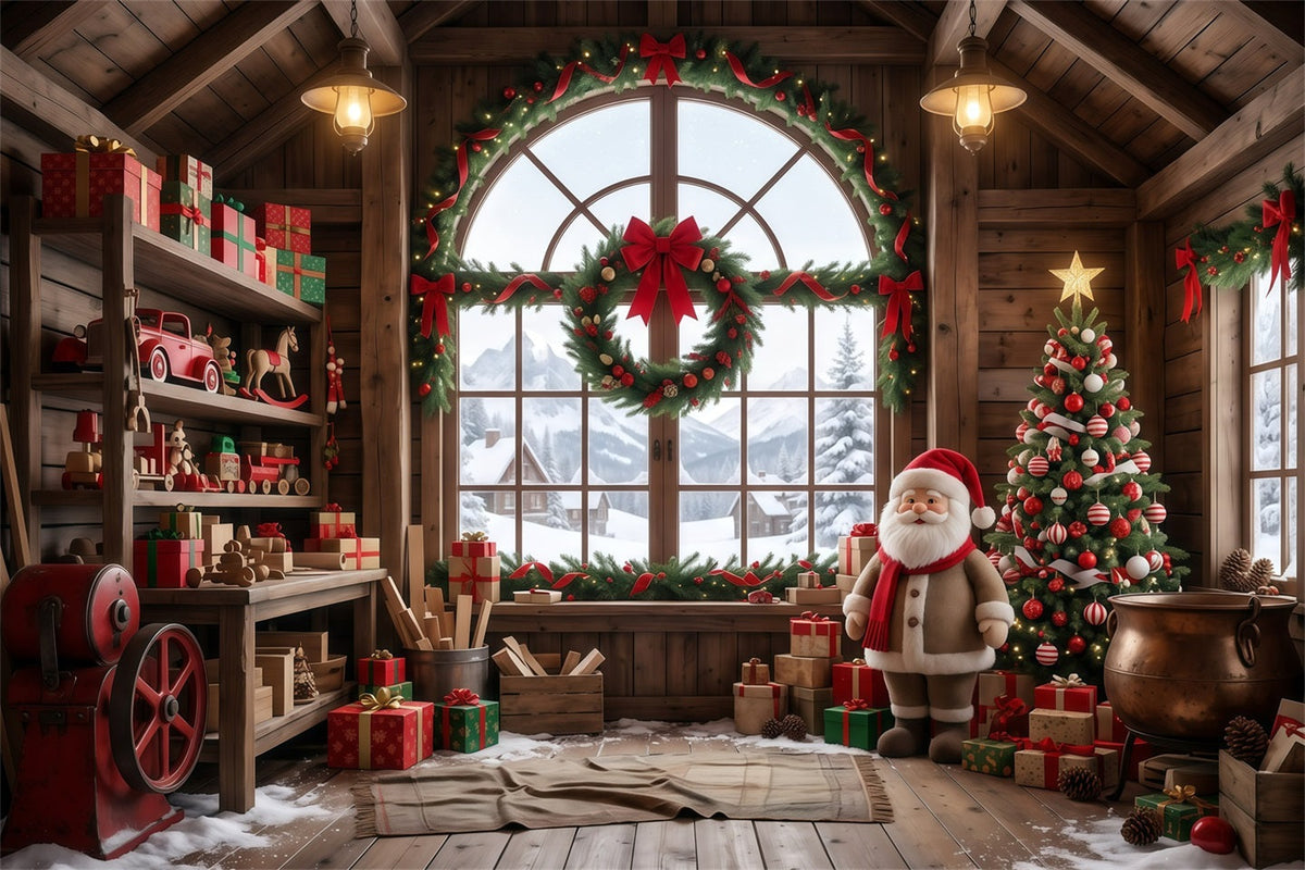 Santa Werkstatt Fotohintergrund Rustikaler Holzspielzeugraum RR610-5