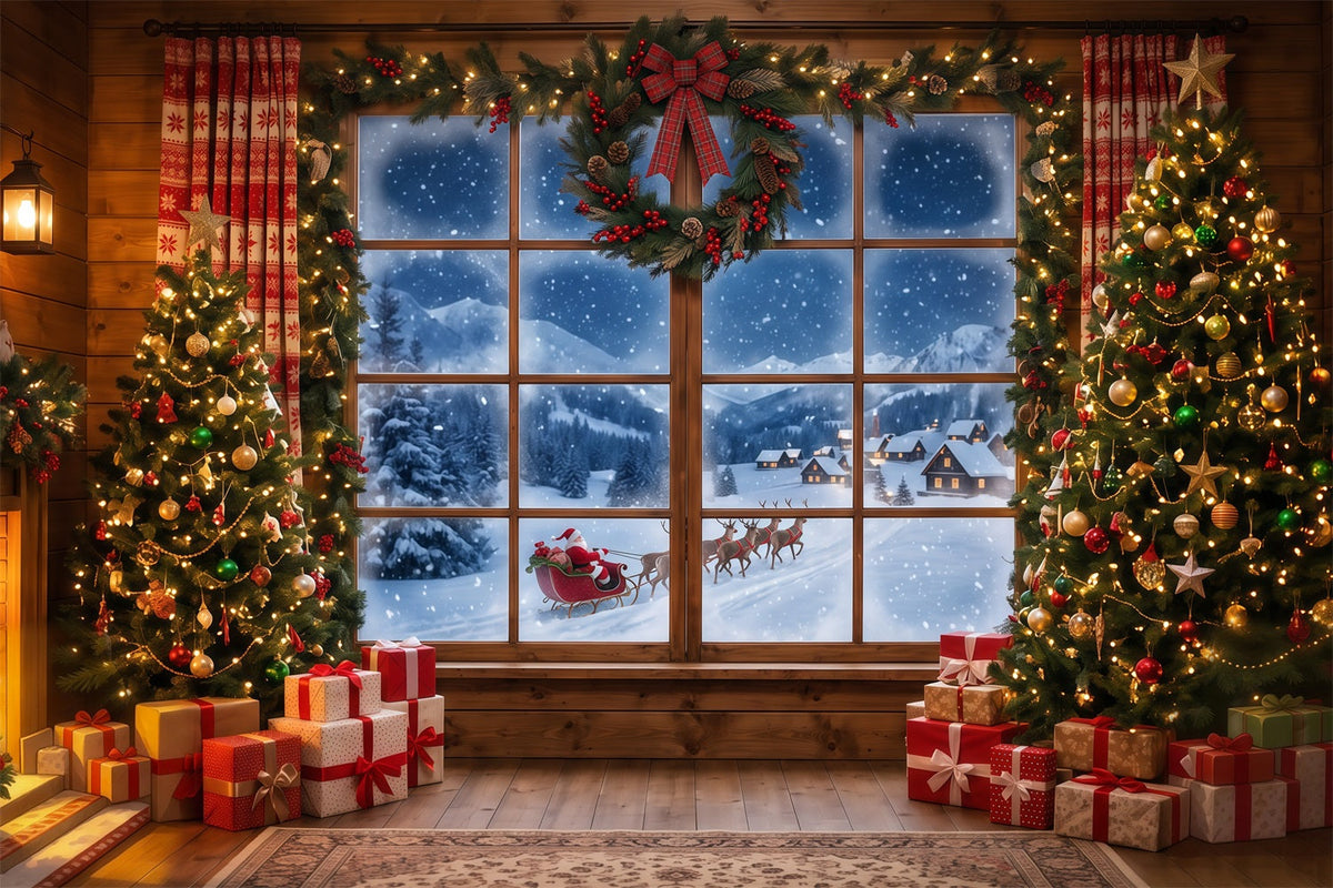 Santa-Hintergrund Verschneites Fenster Wald Schlitten RR610-53