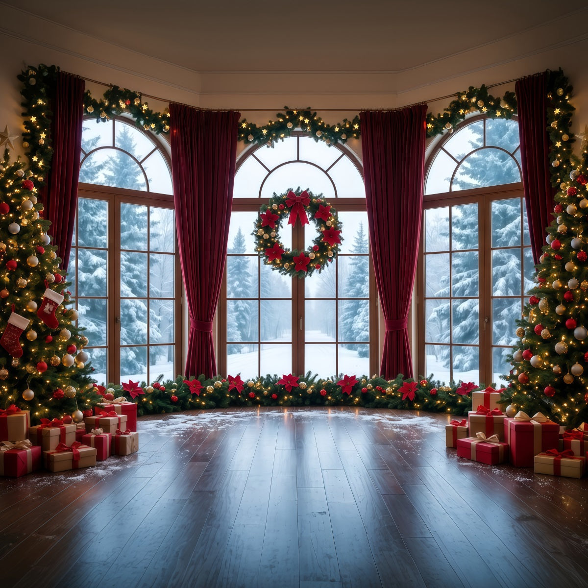 Weihnachtlicher Hintergrund Verschneites Fenster Kranzdekoration RR610-55
