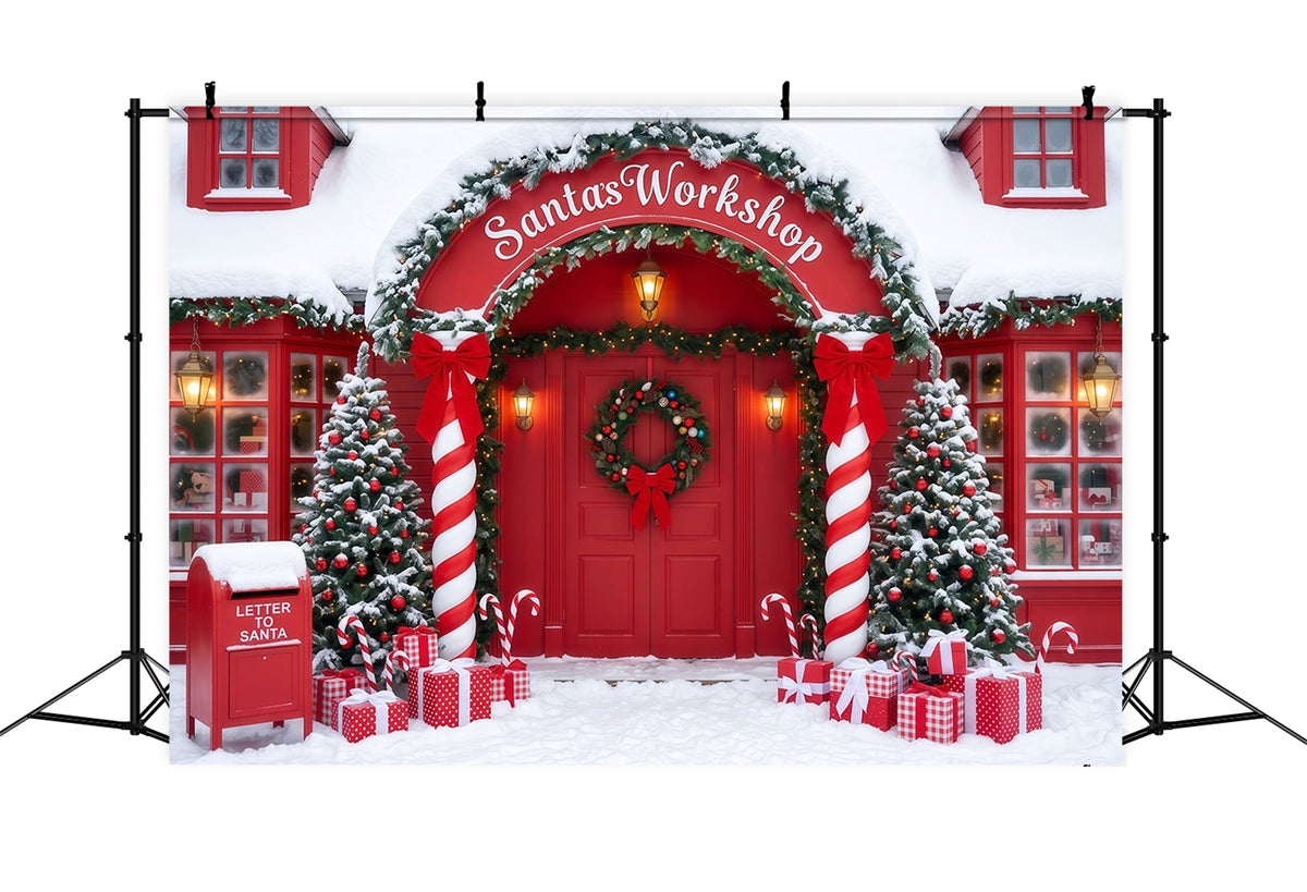 Weihnachtlicher Werkstatthintergrund Verschneite Zuckerstangentür Rot RR610-60