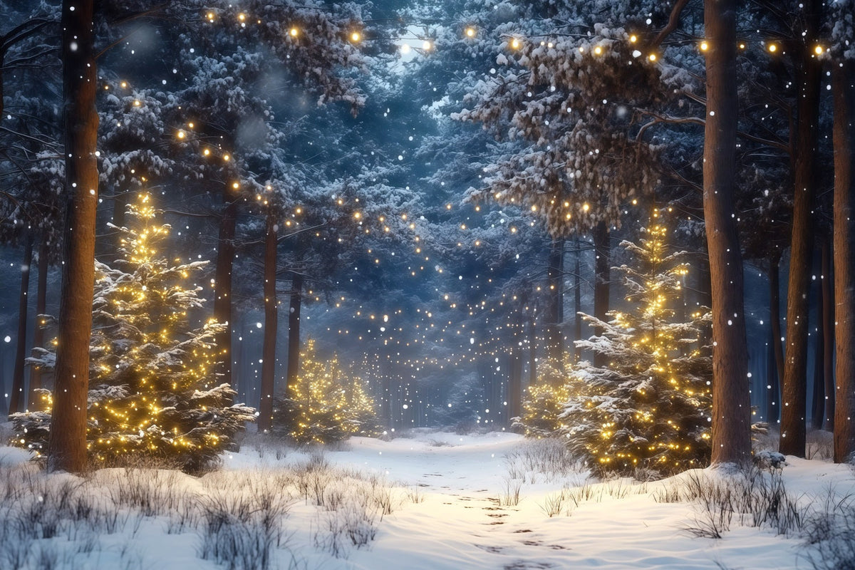 Weihnachtsbaumfarm-Hintergrund Verschneiter Wald Goldene Lichter RR610-66