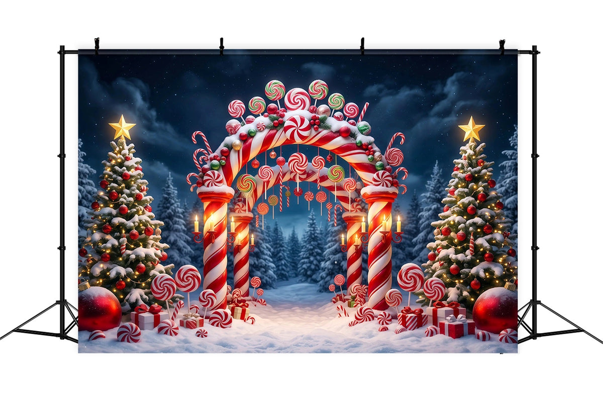 Weihnachtlicher Zuckerstangen-Hintergrund Verschneiter Wald Süßigkeitenbogen RR610-68